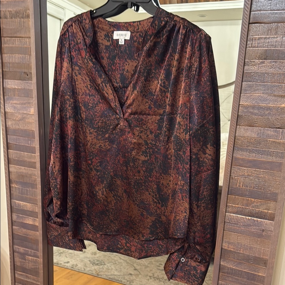 Evereve Purple and Brown Long Sleeve Relaxed Blouse with Mandarin Collar